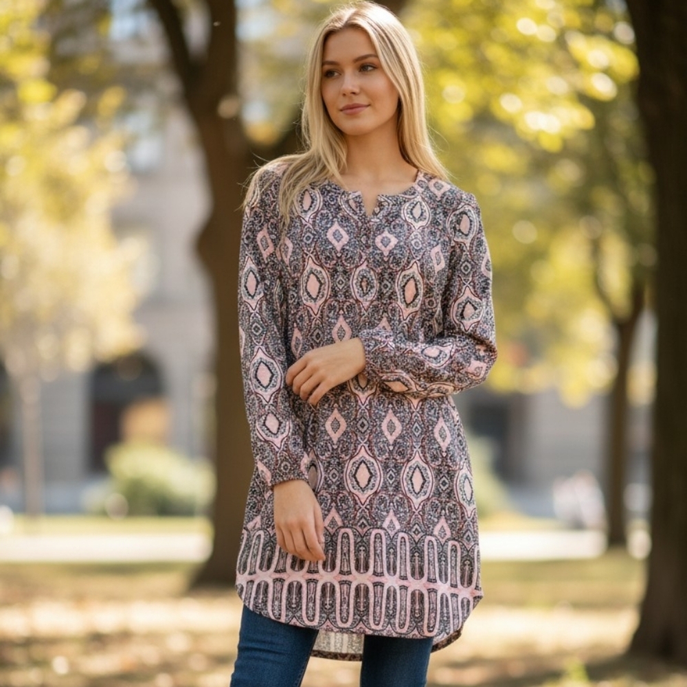 Patterned Long Sleeve Tunic Top Rose & Olive S
